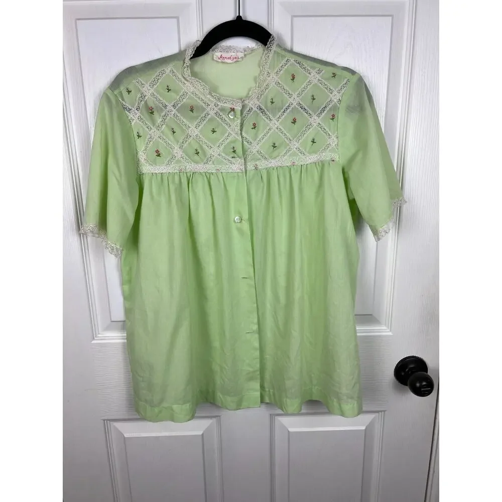 Vintage‎ 50s 60s cotton embroidered green floral lace button up night shirt L - Picture 8 of 9